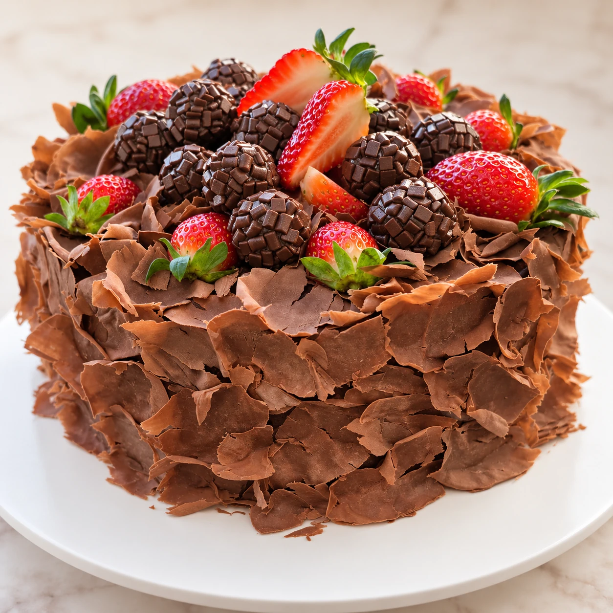 Bolo de brigadeiro com morangos — fotografia enviada pela Dulce