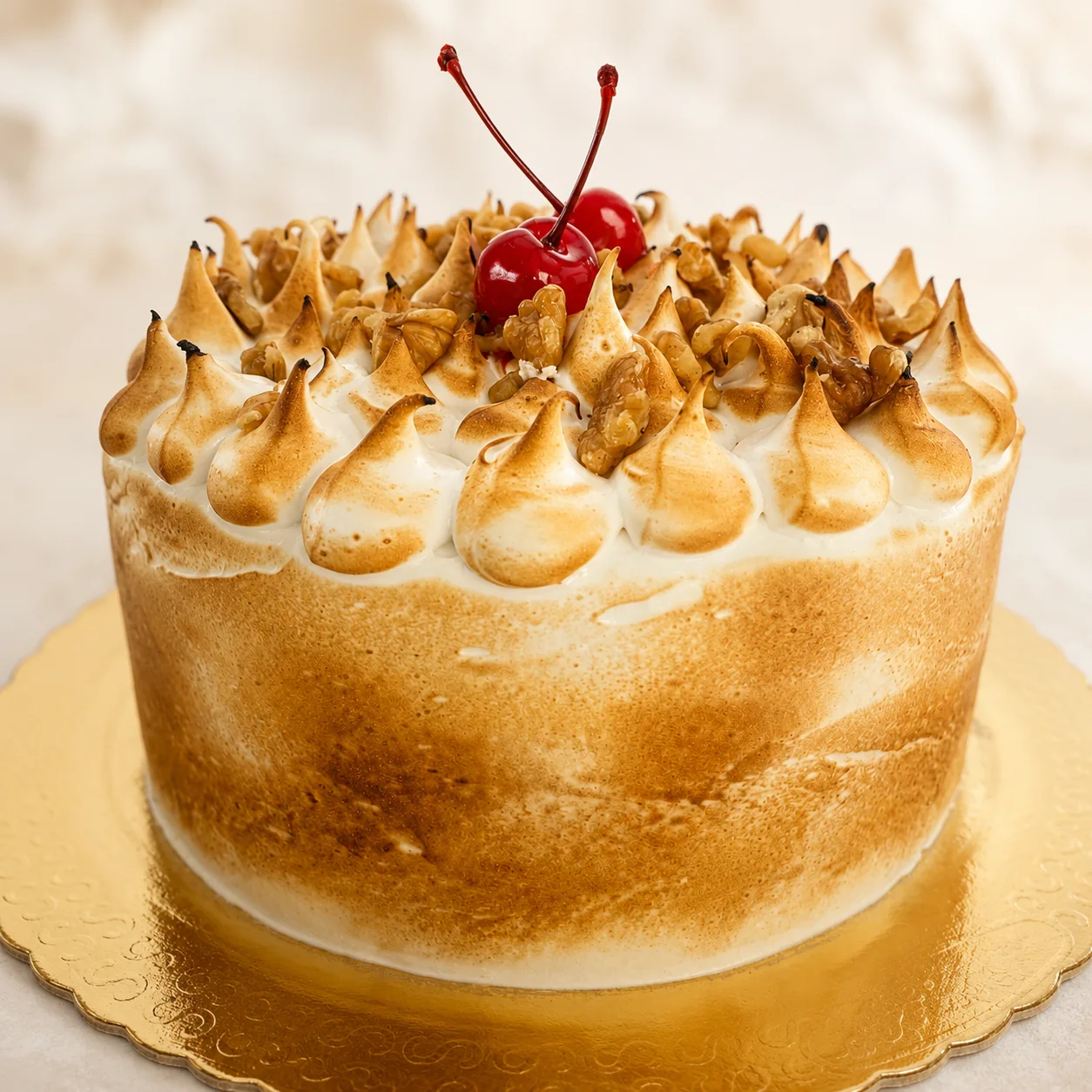 Bolo de nozes com merengue maçaricado, crocante de nozes e cereja