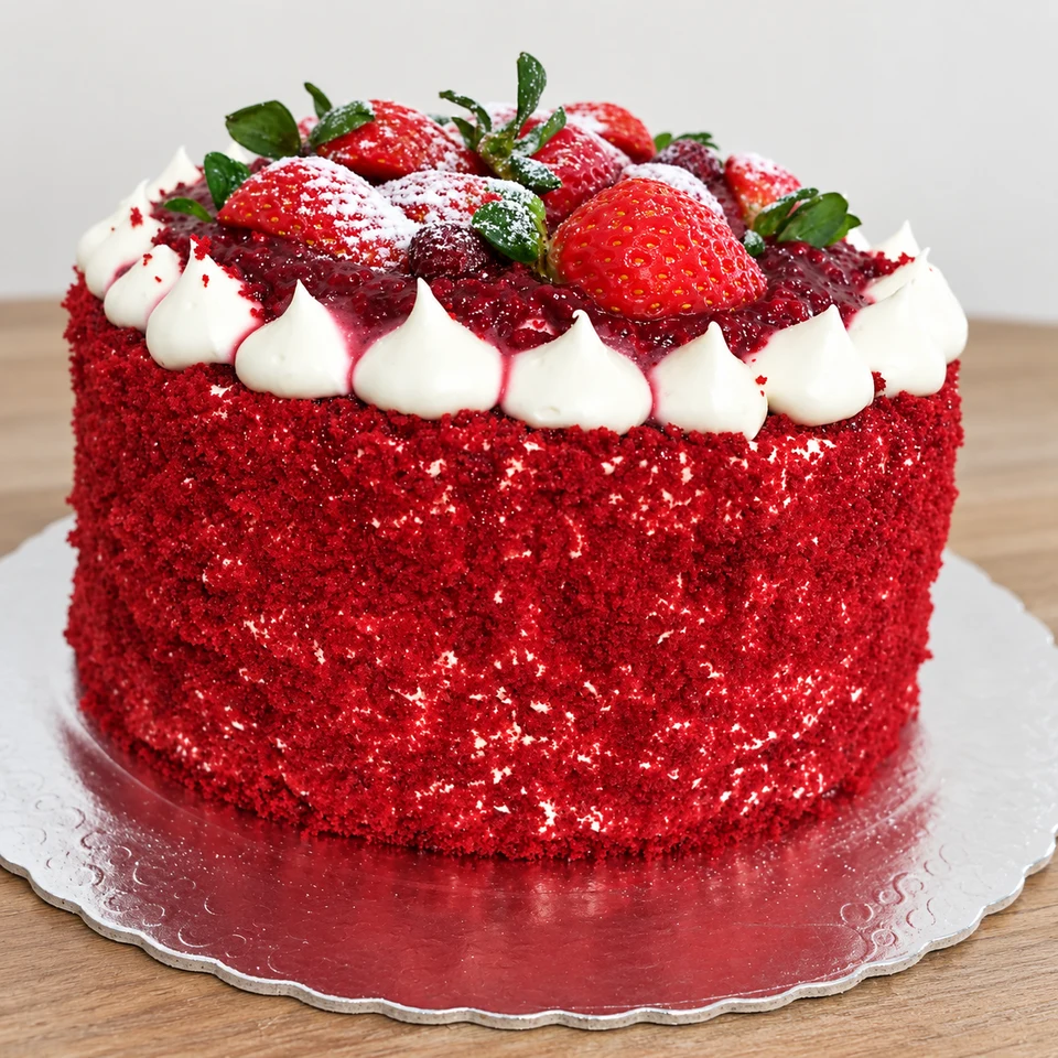 Bolo Red Velvet artesanal com recheio de cream cheese e frutas vermelhas