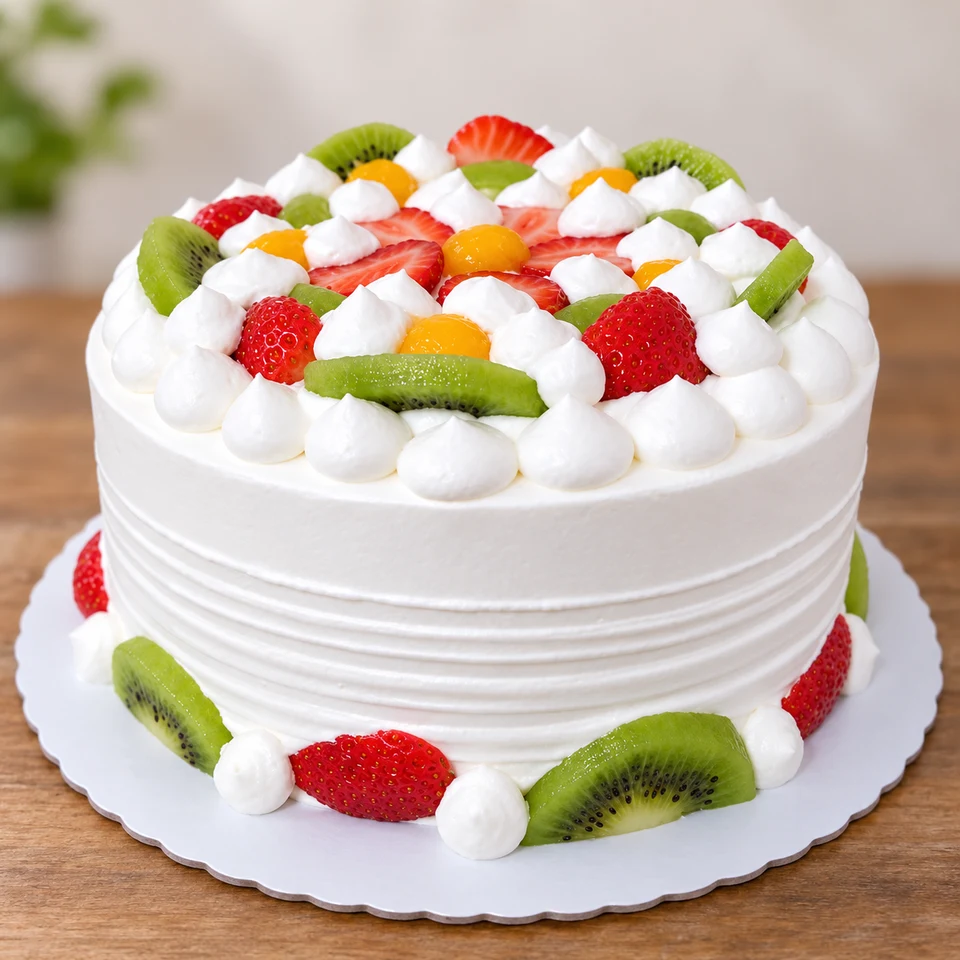Bolo Tropical com chantilly e seleção de frutas frescas