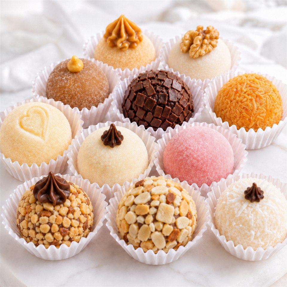 Seleção de docinhos finos e brigadeiros artesanais