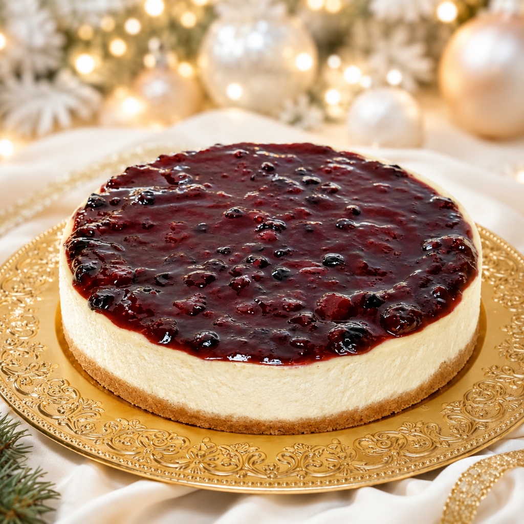 Cheesecake tradicional coberto com calda artesanal de frutas vermelhas
