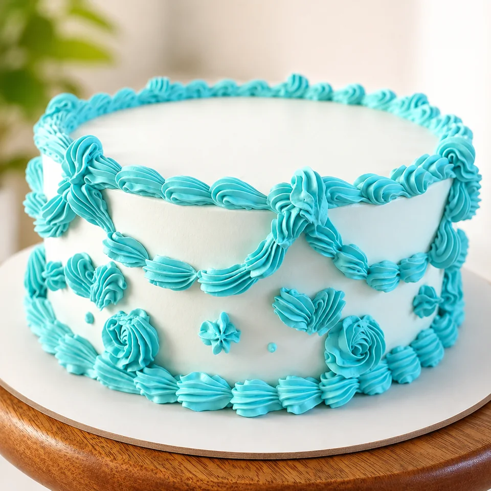 Bolo personalizado com acabamento confeitado em tons de azul.