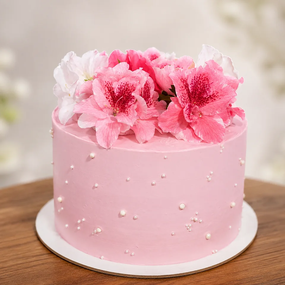 Bolo personalizado rosa decorado com flores naturais.